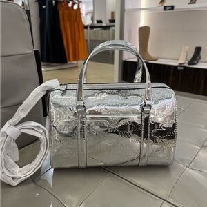 Michael kors jet set travel medium patent logo duffle satchel silver NWT